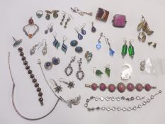 A quantity of silver jewellery including pendants, vintage paste earrings and necklace, agate brooch
