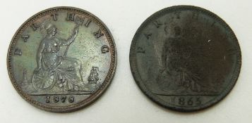 1878 young head Victorian farthing VF+ with toning, together with an 1865 example F only possible