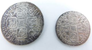George I 1723 shilling SSC in angles reverse, F with some pitting obverse, together with an SSC