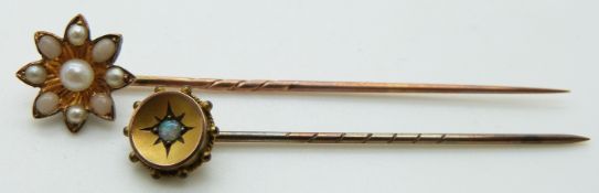 Victorian stick pin set with seed pearls and a Victorian stick pin set with an opal in Longman &