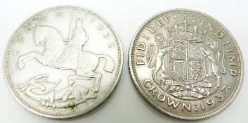 George V 1935 'rocking horse' crown together with a George V 1937 Coronation example