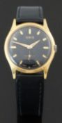 Oris gold plated gentleman's wristwatch with gold hand and markers, black face and signed 7 jewel