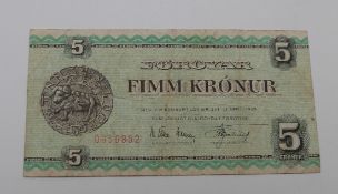 Faroe Islands 5 Kronne, 1949 banknote (1951-60) VF corner crease