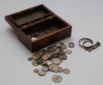 An interesting collection of largely overseas coinage in wooden box, 19thC onwards, with high silver