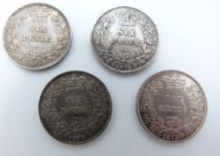 Four Victorian young head sixpences, 1871 and 1872, with die number 31 and 27, GVF - GF, 1876 die