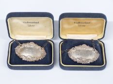 Two boxed hallmarked silver bottle tickets, one Sherry the other Gin, weight of both 21g