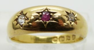Victorian 18ct gold ring set with a ruby, a diamond and paste, Chester 1900, size O