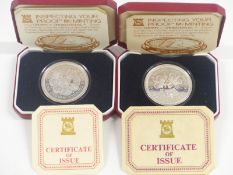 Pobjoy Mint silver proof crowns, one 1977 Silver Jubilee, the other Tercentenary of Manx coinage,