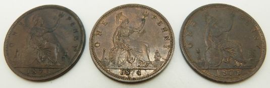 1872 and 1873 Victorian bronze pennies, both GVF-EF, together with an 1874 example NEF with weakly
