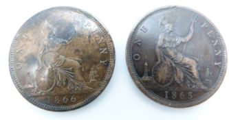 Victorian bronze young head penny, OT TB VF, together with an 1866 VF example