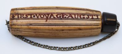 Victorian carved bone Maritime / Napoleonic prisoner of war style snuff box with treen stopper and
