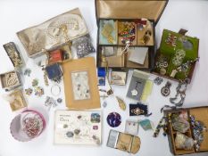A collection of costume jewellery including beads, brooches, necklaces, millefiori beads,