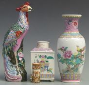 Chinese porcelain tea caddy, Chinese bird figure, vase etc, tallest 30cm