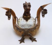 Edwardian cut glass inkwell in brass mounted ram's horn base with and carved hard wood dragon, lid