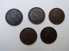 1890, 1891, 1892 and 1893 later young head Victorian bronze pennies, all VF+, 5 coins