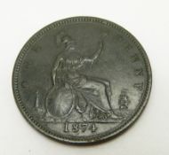 1874 Victorian young head bronze penny, dark toned, unusual die pairing Freeman 67, dies 6 + H, VF+