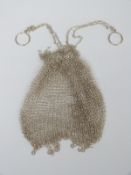 A white metal fine mesh ladies drawstring bag or purse, length 36cm, weight 90g