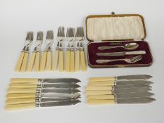 Cased hallmarked silver Viners christening set, weight of spoon and fork 55g, and a quantity of