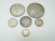 Six Victorian young head coins comprising 1845 crown, half crown, 1878 shilling with die no 1,