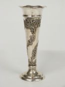 Edward VII hallmarked silver trumpet vase with repoussé decoration, London 1906 maker William Comyns