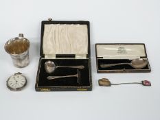 A cased hallmarked silver spoon and pusher set, cased hallmarked silver jam spoon, weight of all