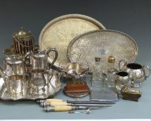 A quantity of silver plate including trays, salver, teaware, horse on plinth, pedestal bonbon dish