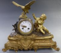 Nineteenth century gilt metal mantel clock with enamel Arabic dial, filigree hands, the French