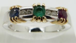 A 14ct white gold ring, set with diamonds, an emerald, a ruby and a sapphire, size M