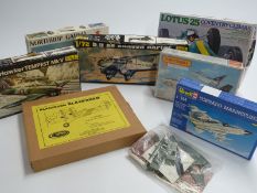 Eight Tamiya, Heller, Williams Bros, Revell and other 1:72 and 1:20 scale model kits including Lotus