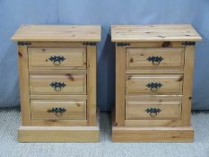 Pair of pine bedside chests of three drawers, W51 x D36 x H65cm