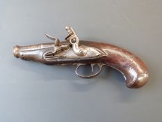 Left handed flintlock hammer action coat pistol with wire inlaid grip, shaped steel trigger guard