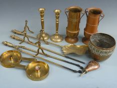 Brass companion set with fire dogs, trench art vases, jardinere, candlesticks, powder flask etc