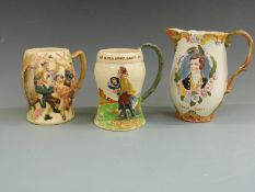 Two mugs, one a Crown Devon musical example and with a Beswick Robert Burns jug, tallest 20cm.