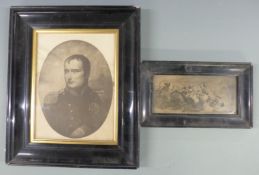 Two framed pictures, one of Napoleon 36 x 44cm and a smaller example of a Cavalry skirmish, 24 x