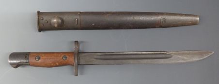 WWII Australian 'Owne' bayonet in scabbard impressed with broad arrow, TP and Mangrovite. Blade