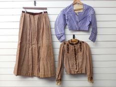 Victorian dress and jacket in brown check with lace cuffs and a blue bodice top