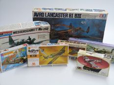 Seven Revell, Tamiya, Guillows and similar model aeroplane kits including balsa wood, Avro Lancaster