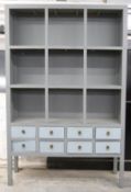 Grey painted shelf / drawer unit comprising three shelves and eight drawers, W150 x D46 x H230cm