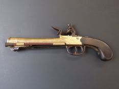 Walter & Co brass flintlock blunderbuss pistol with named and engraved locks, sprung loaded bayonet,