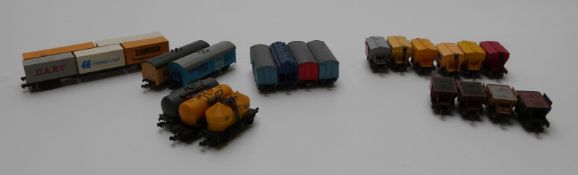 Twenty-one PECO, Lima and Graham Farish N gauge wagons and tankers