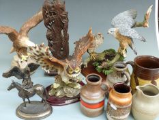 Three Raptor sculptures to include eagle, owl and merlin, together with studio pottery etc including