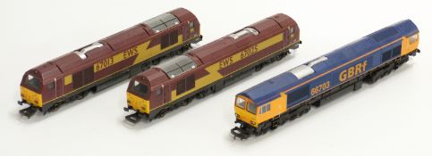 Three Lima 00 gauge diesel locomotives including EWS and GBRP