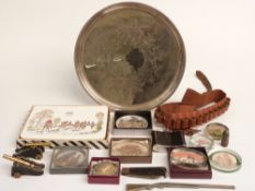 A collection of shoting and sporting related items including a silver plated tray awarded in the