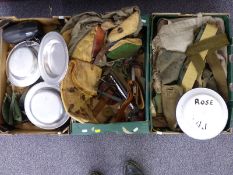 A collection of canvas bags, kit bags, webbing belts etc