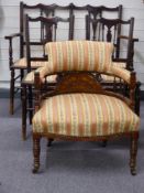 Late 19th/20thC inlaid armchair, similarly upholstered settee and two chairs