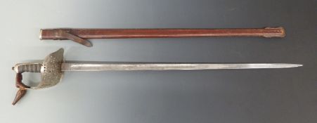British Army 1897 pattern officers sword with pierced guard and Royal cypher, fishskin and wire
