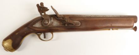 Flintlock hammer action pistol with lock stamped 'Tower' and with GR over crown cypher, brass butt