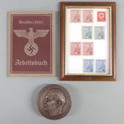 WWII German Employment Record book for Maria Bovens, Hitler 53rd birthday stamps and a Nazi
