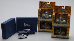 Four Lledo Noddy In Toyland Co-op Dairies Milk promotional issue diecast model cars together with