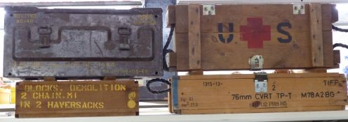 Three US military wooden crates, one marked USAAF together with a military ammunition box dated